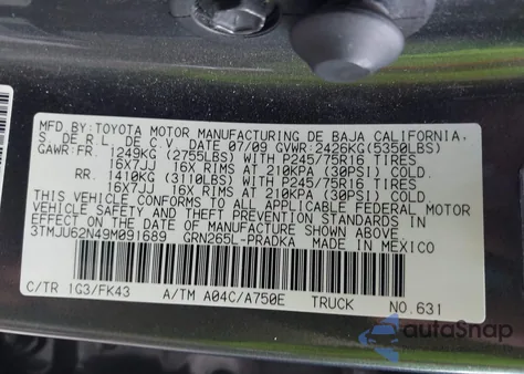 2009 Toyota Tacoma Prerunner V6 z USA, uszkodzony, nr VIN 3TMJU62N49M091689